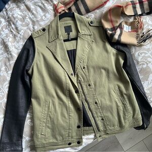 NWOT Joe’s Jeans Leather Sleeve Made in USA Biker Jacket Army Green Size M